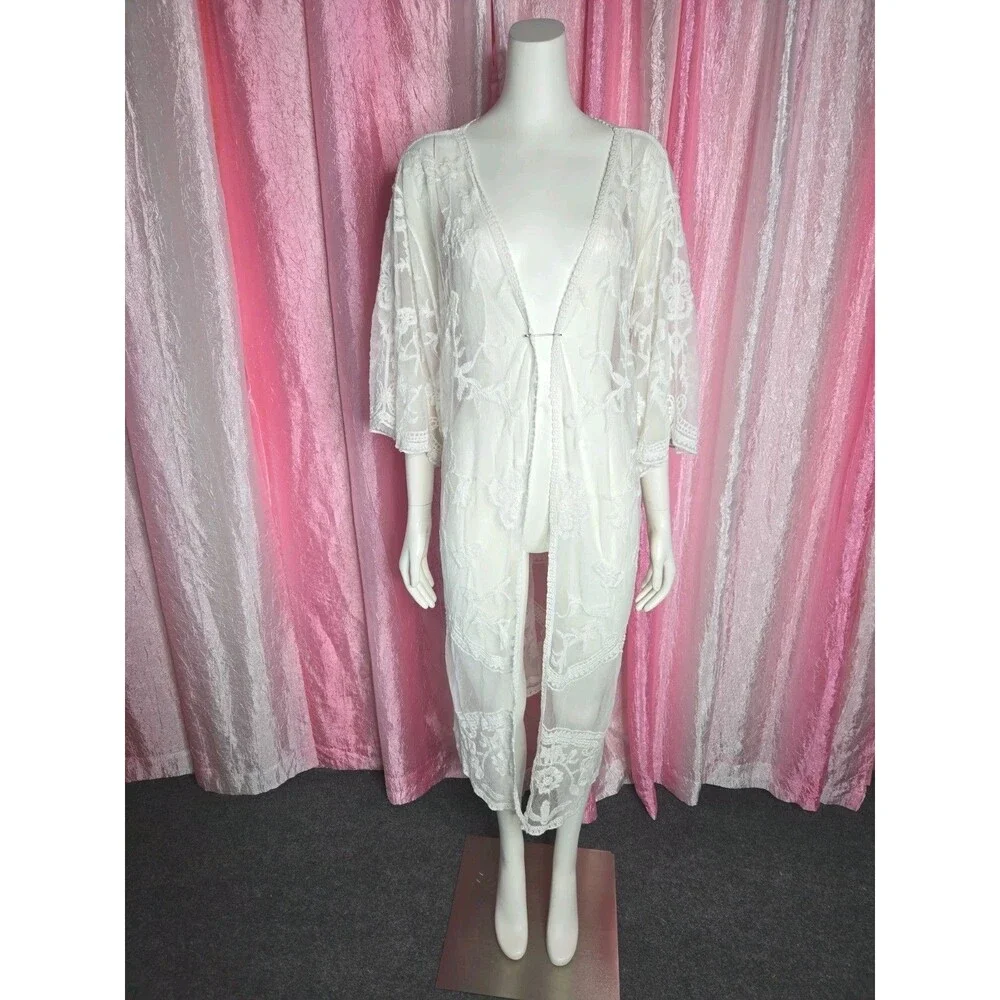 Mi Ami White Floral Lace Open Beach  Kimono Robe Boho Coverup Size Large